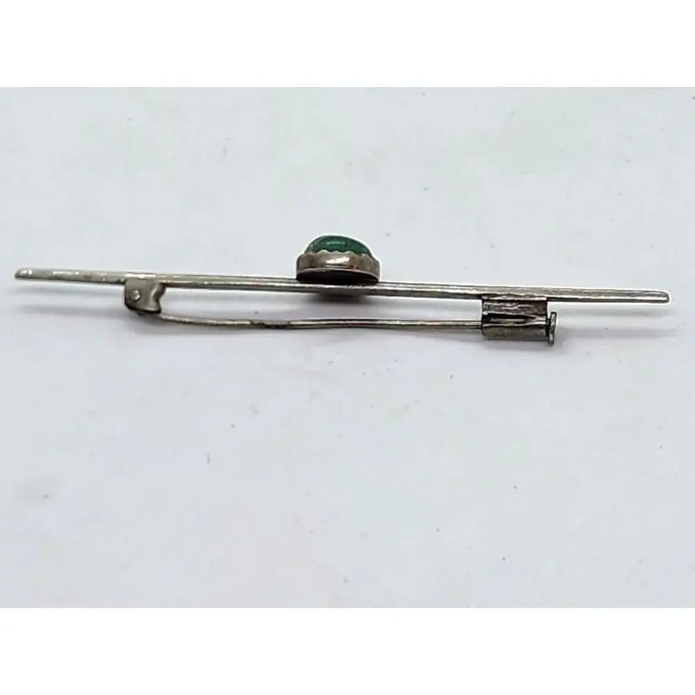 Antique Long Bar Brooch Pin Sterling Silver Jade Cabochon Tie Suite Collar Hat